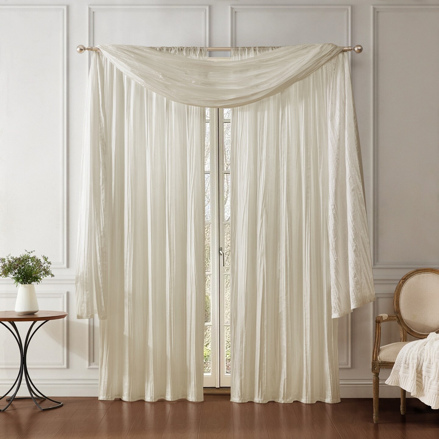 Threadmade Home Athena Faux Silk Window Curtain and Scarf Set, Ivory - 52"W x 95"L