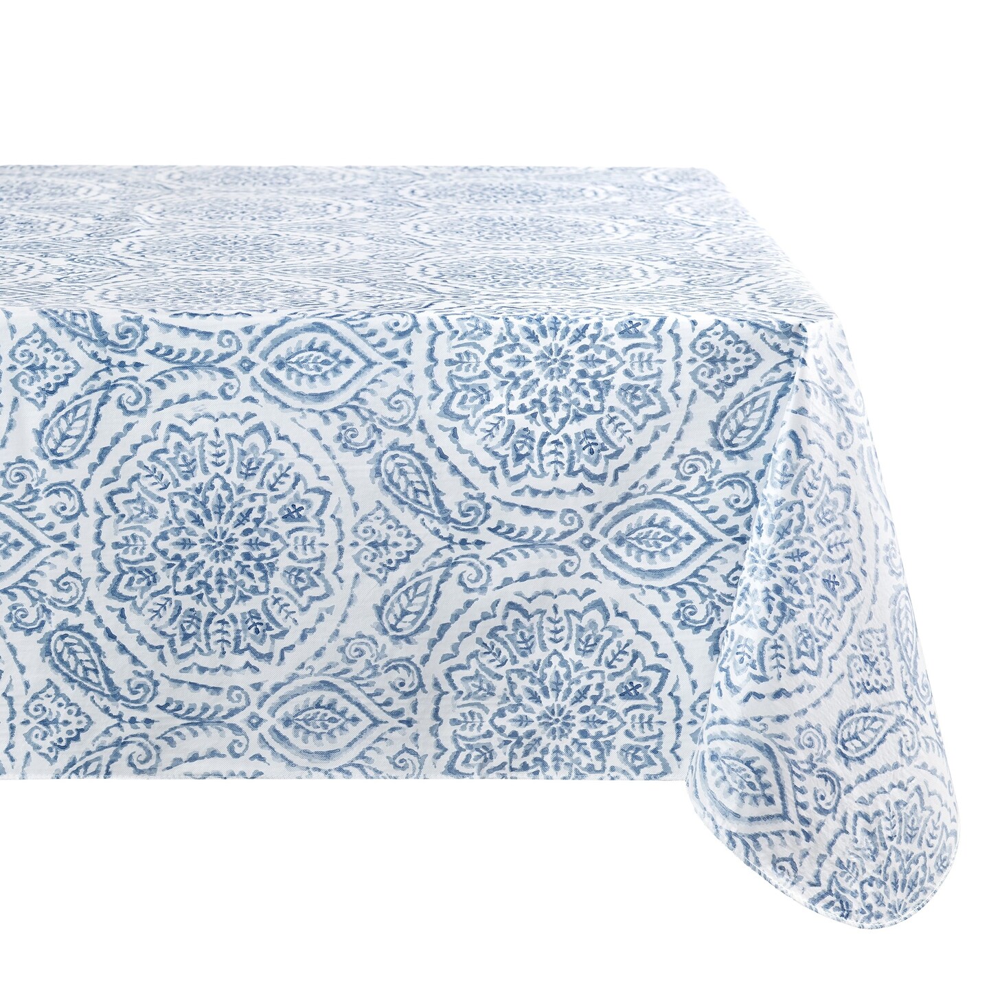 Threadmade Home Savannah Boho Paisley Printed Vinyl Indoor/Outdoor Tablecloth, Blue - 60"W x 102"L