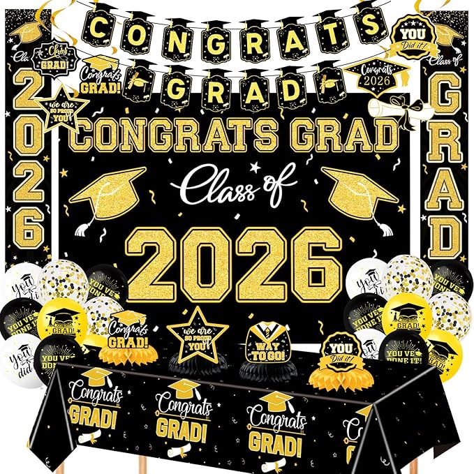 Class of 2026 Black and Gold Graduation Decorations Set - All-in-One ...