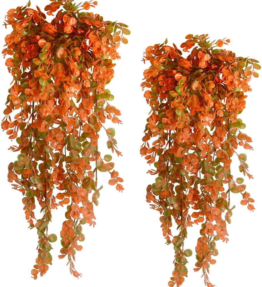 2 Pcs Artificial Hanging Fall Plants – Faux Eucalyptus Leaf Greenery Vines, UV-Resistant Outdoor Fake Plants for Home, Patio, Porch, Wall, Fall Décor (Orange)
