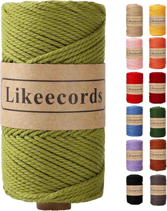 Likeecords Army Green Macrame Cord - 3mm x 100m (328ft) - 3-Strand Twisted 100% Recycled Cotton Rope - Soft Craft String for Plant Hangers, Wall Hangings, and DIY Decor