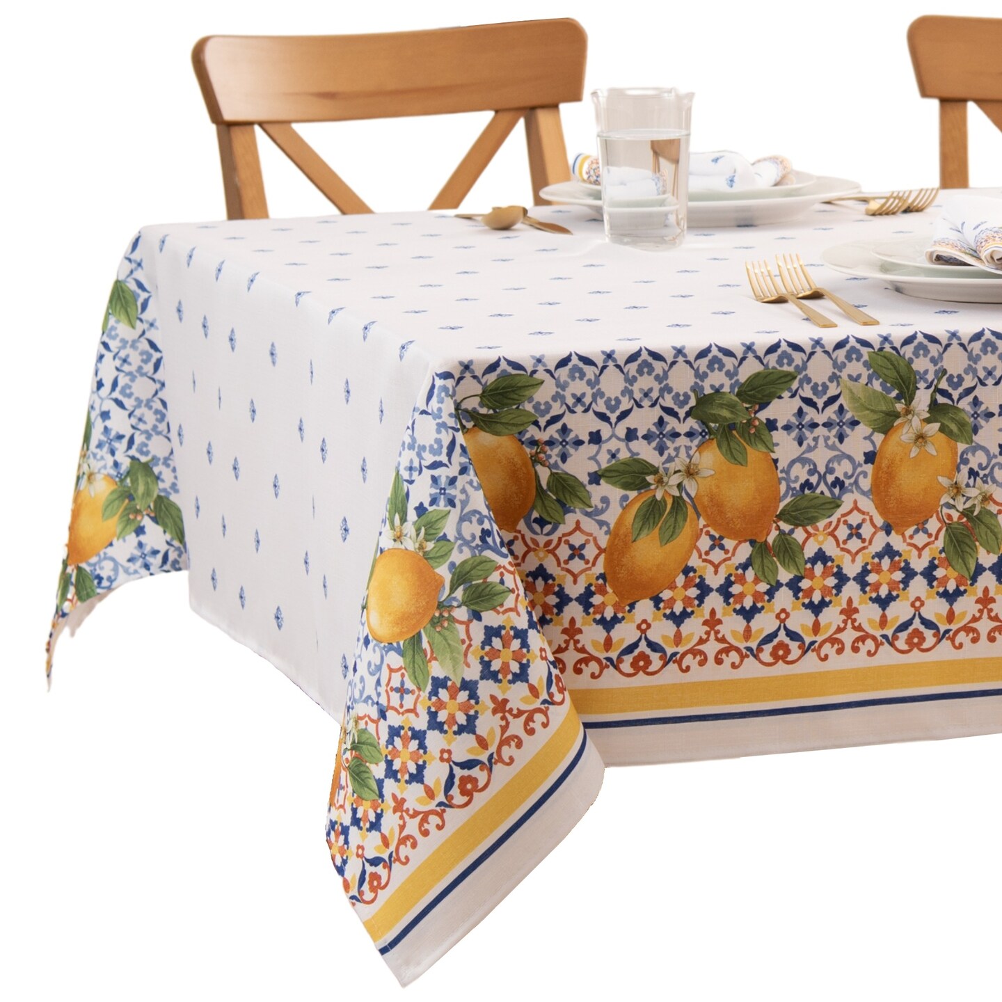 Threadmade Home Capri Lemon Double Border Tablecloth, Multicolor - 60"W x 120"L