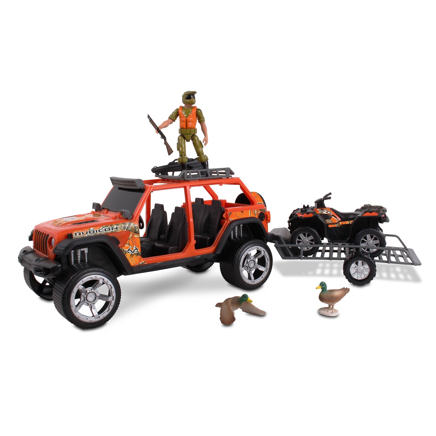 RealTree 10pc Hunting Playset: Jeep Wrangler w/ Ducks - NKOK 1:18 Scale, Hunter, Jeep, Polaris ATV, Trailer &#x26; More