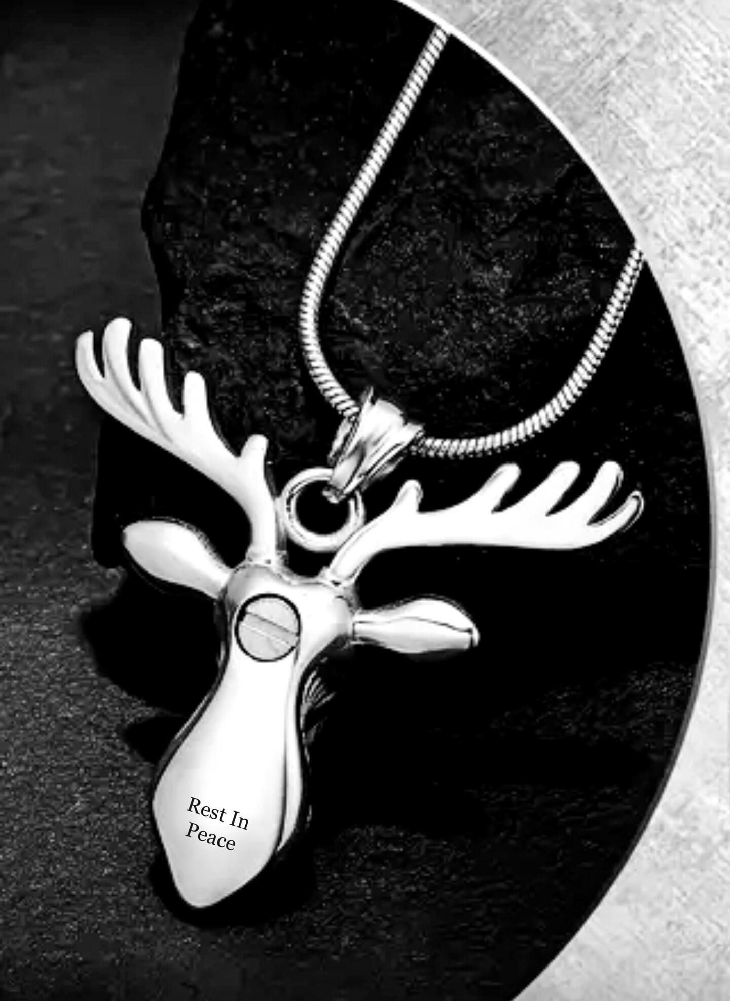 Stainless Steel CREMATION URN  Deer,Moose,Elk Head with Turquoise Inlay on 24" Steel Necklace - Engraved with "Rest In Peace" product 2