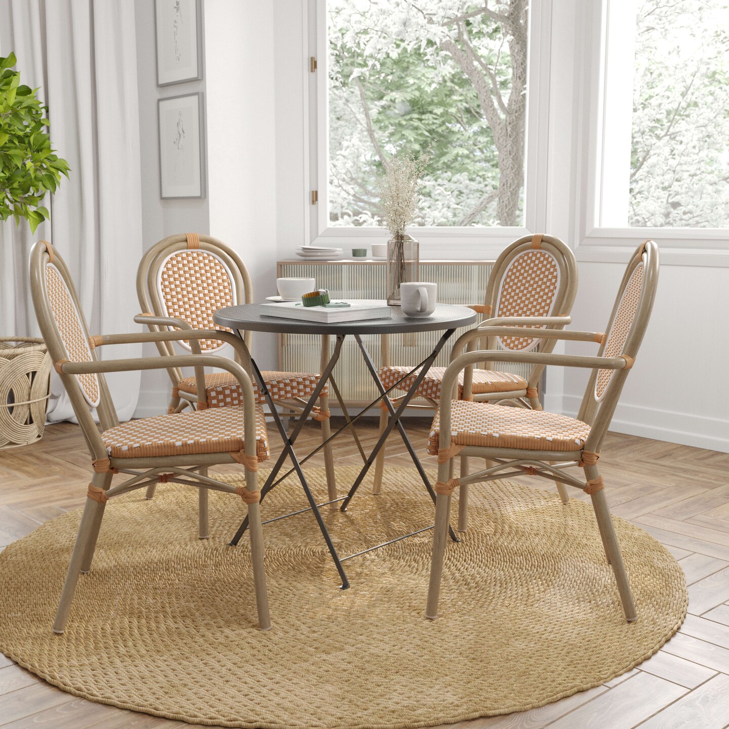 Merrick Lane Celia Set of Four Stacking Thonet Bistro Style Chair with Arms, PE Rattan Seat, and Metal Frame for Indoor/Outdoor Use
