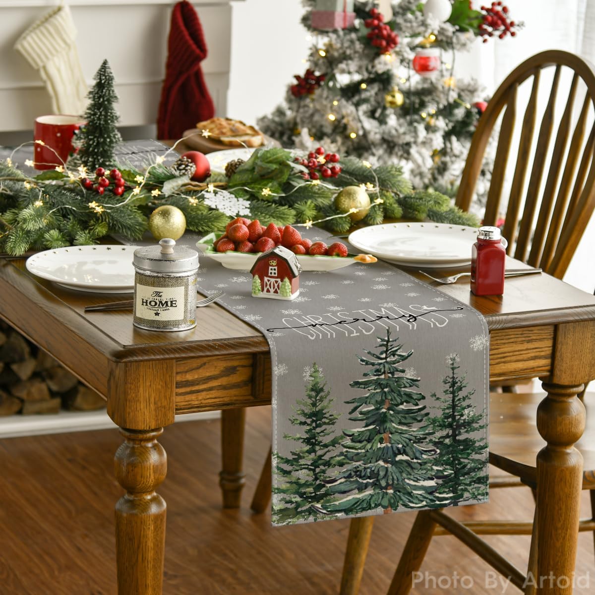 Pine Tree Snowflake Merry Christmas Table Runner, Seasonal Winter Xmas Holiday Kitchen Dining Table Decoration for Indoor Outdoor Home Party Decor 13 x 72 Inch
