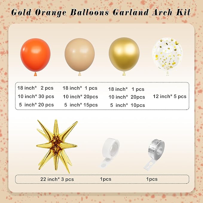 127pcs Gold and Orange Balloon Garland Arch Kit – Metallic Gold, Pastel Orange & Gold Confetti Balloons – 18/12/10/5 Inch Balloon Set for Birthday, Baby Shower, Fall Autumn Party & Graduation Decor