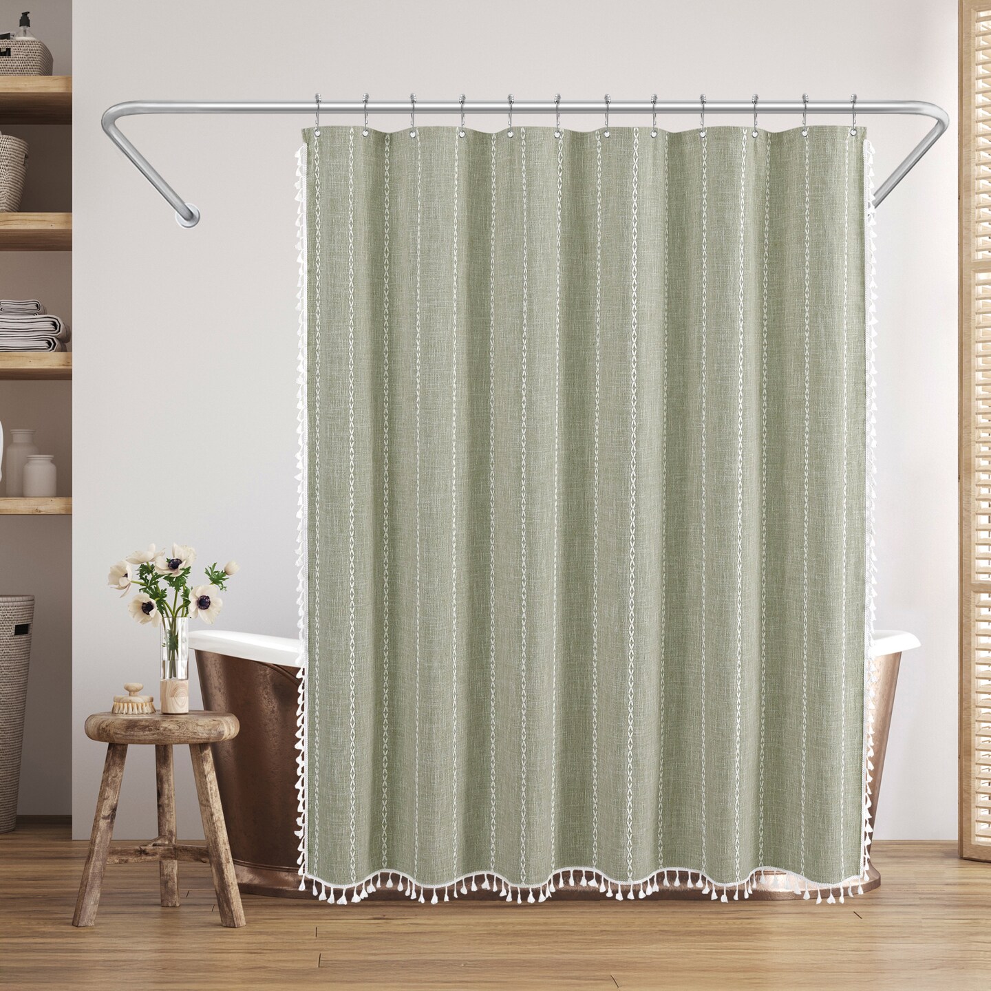Americanflat 71x71 Woven Linen Shower Curtain with Tassel Accents - Includes 12 Grommets and Hooks - 100% Polyester