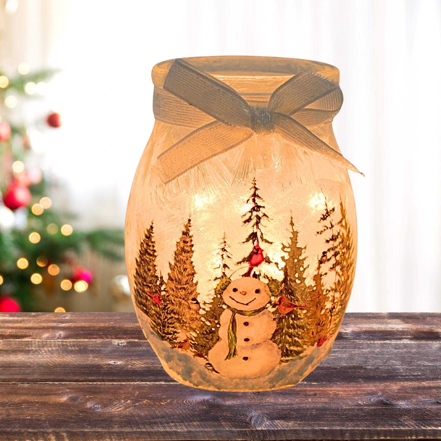 Stony Creek 4.0 Inch Forest Snowman Pre-Lit Small Jar Christmas Lighted Glass Accent , Winter Christmas Snowman Scene
