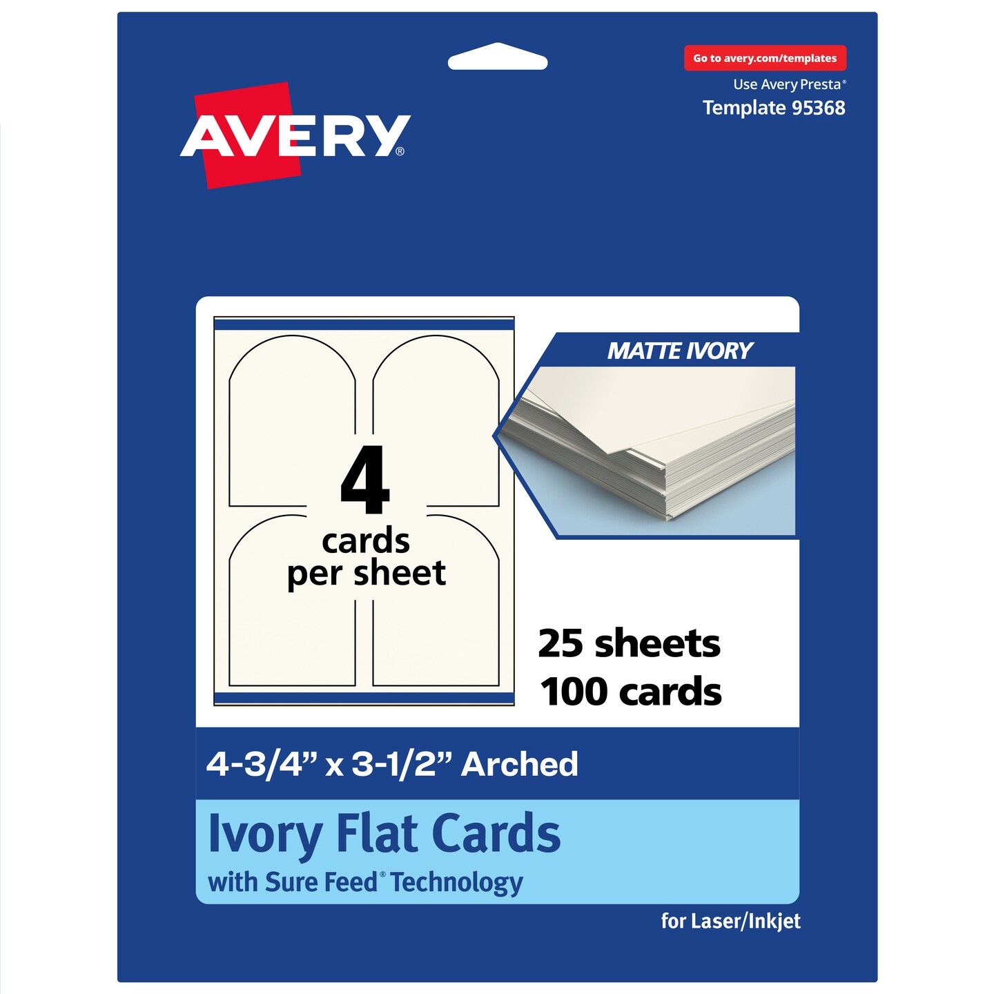 Avery Printable Arched Flat Cards, Sure Feed Technology, 4-3/4&#x22; x 3-1/2&#x22;, Matte Ivory Cardstock, Print-to-The-Edge, Laser/Inkjet Printable, 40 Total