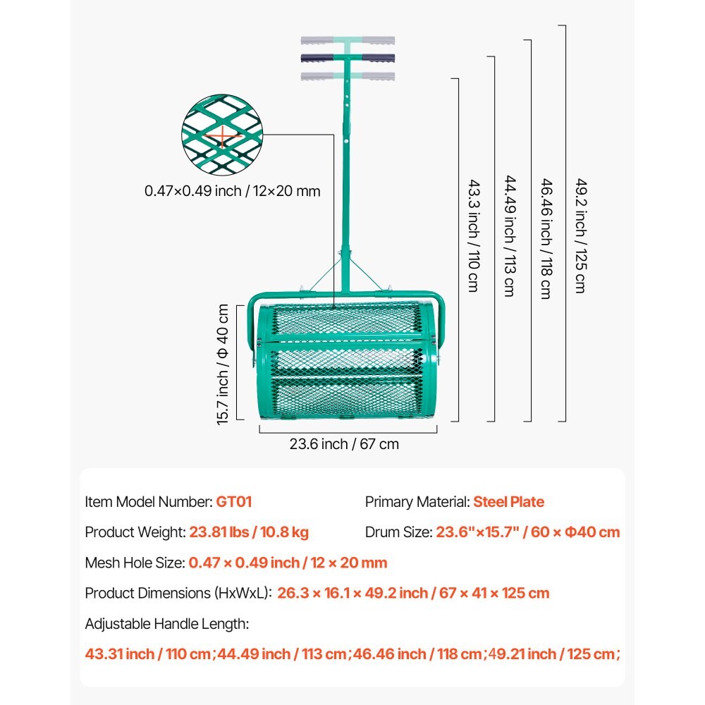 Compost Spreader 24" Peat Moss Roller Push/Tow Handle Adjustable