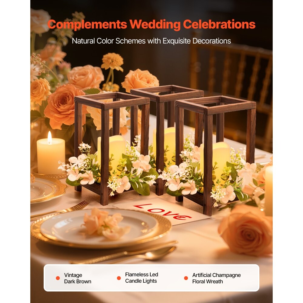 Wooden Wedding Lantern Centerpiece with LED Candle, Flower Wreath for Table Decor