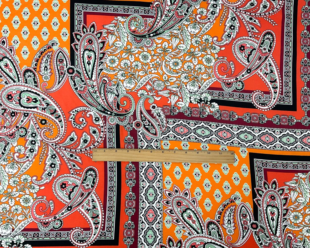 Orange-Multi Poly Spandex Stretch Paisley Print Double Brush Jersey Knit Fabric By the Yard