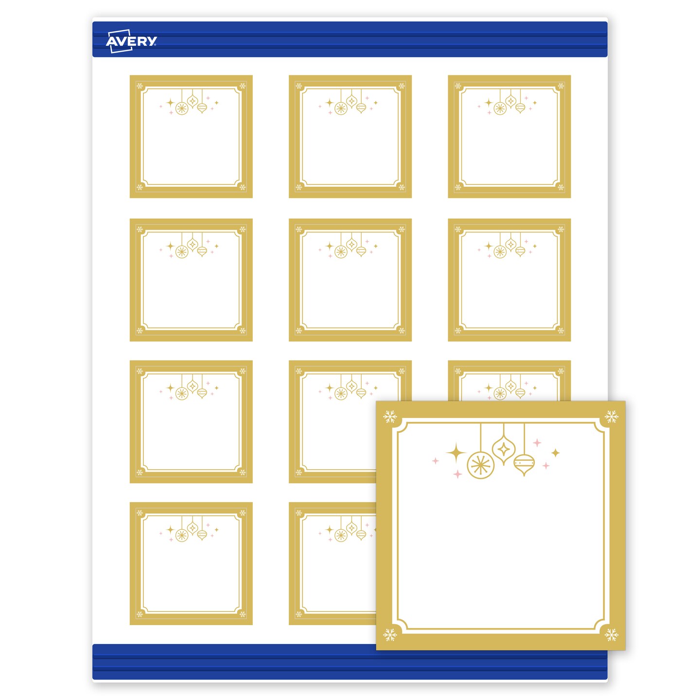 Avery Printable Square Business Cards, 2" x 2", Matte White, Pre-printed Metallic Gold Hanging Ornaments Design, Sure Feed Technology, Laser & Inkjet Compatible, 240 Total