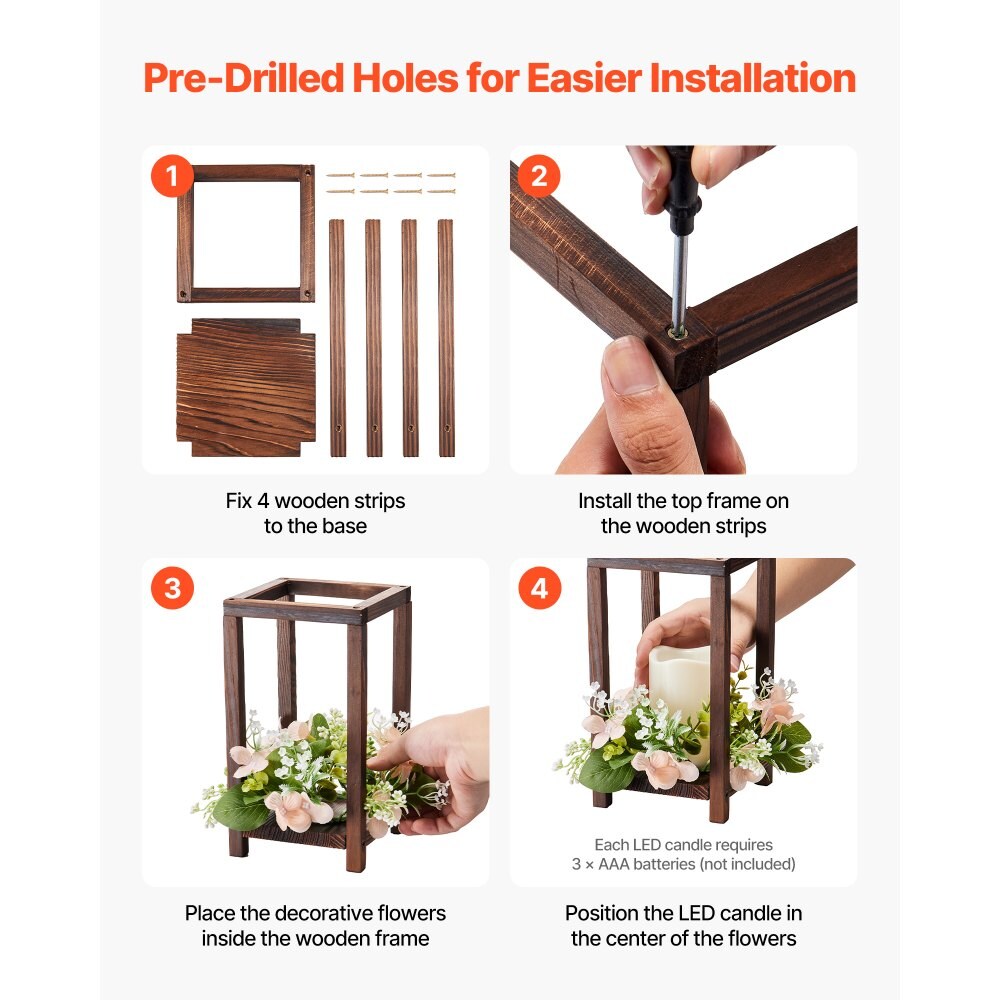 Wooden Wedding Lantern Centerpiece with LED Candle, Flower Wreath for Table Decor