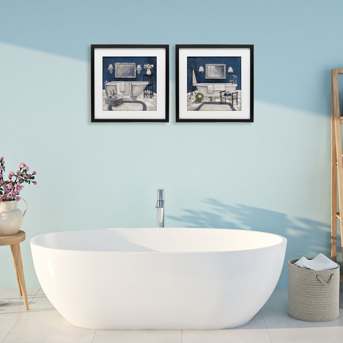 Stupell Industries Elegant Blue Bath 2 Piece Black Framed Print Under Glass Set, design by Charlene Olson