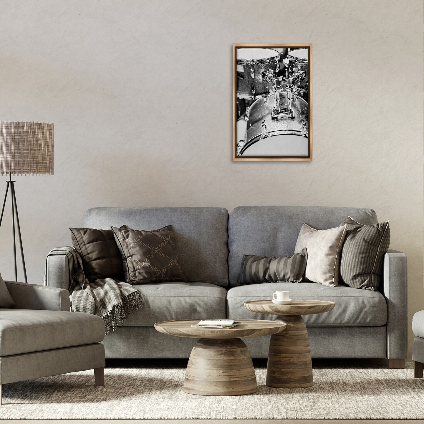 Stupell Industries Drum Set Black &#x26; White Floater Framed Canvas Wall Art Design by Jennifer Rigsby