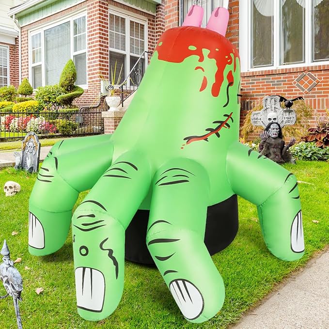 GOOSH 6 FT Halloween Inflatables Hand Blow Up Yard Scary Green Giant with Built-in LEDs