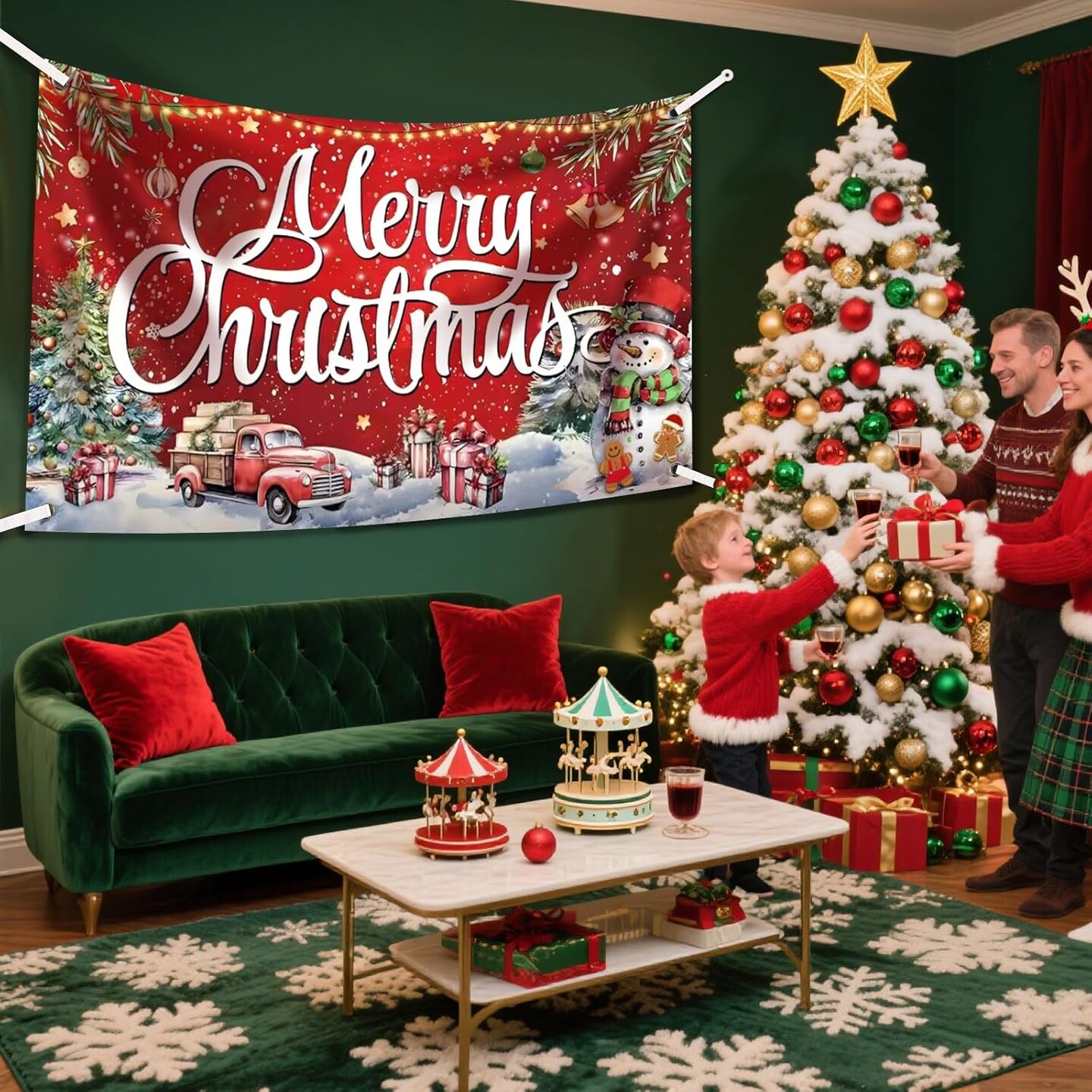 Large Merry Christmas Banner Decorations - 72x44 Inch Red Outdoor Christmas Sign(Red)44"L x 72"W