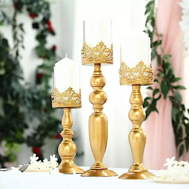 3 pcs 12" 14" 17" tall Gold Lacy Trim Metal Glass Candle Holders Centerpieces