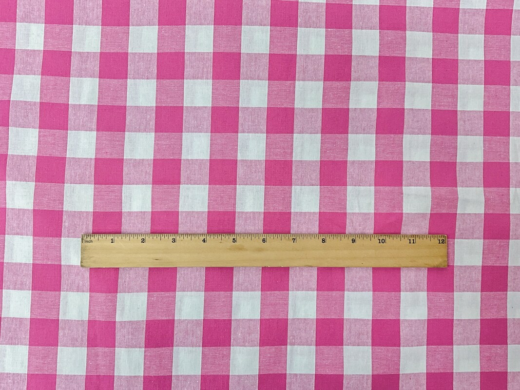Pink-White Cotton Spandex Stretch Check Gingham Woven Fabric By the Yard
