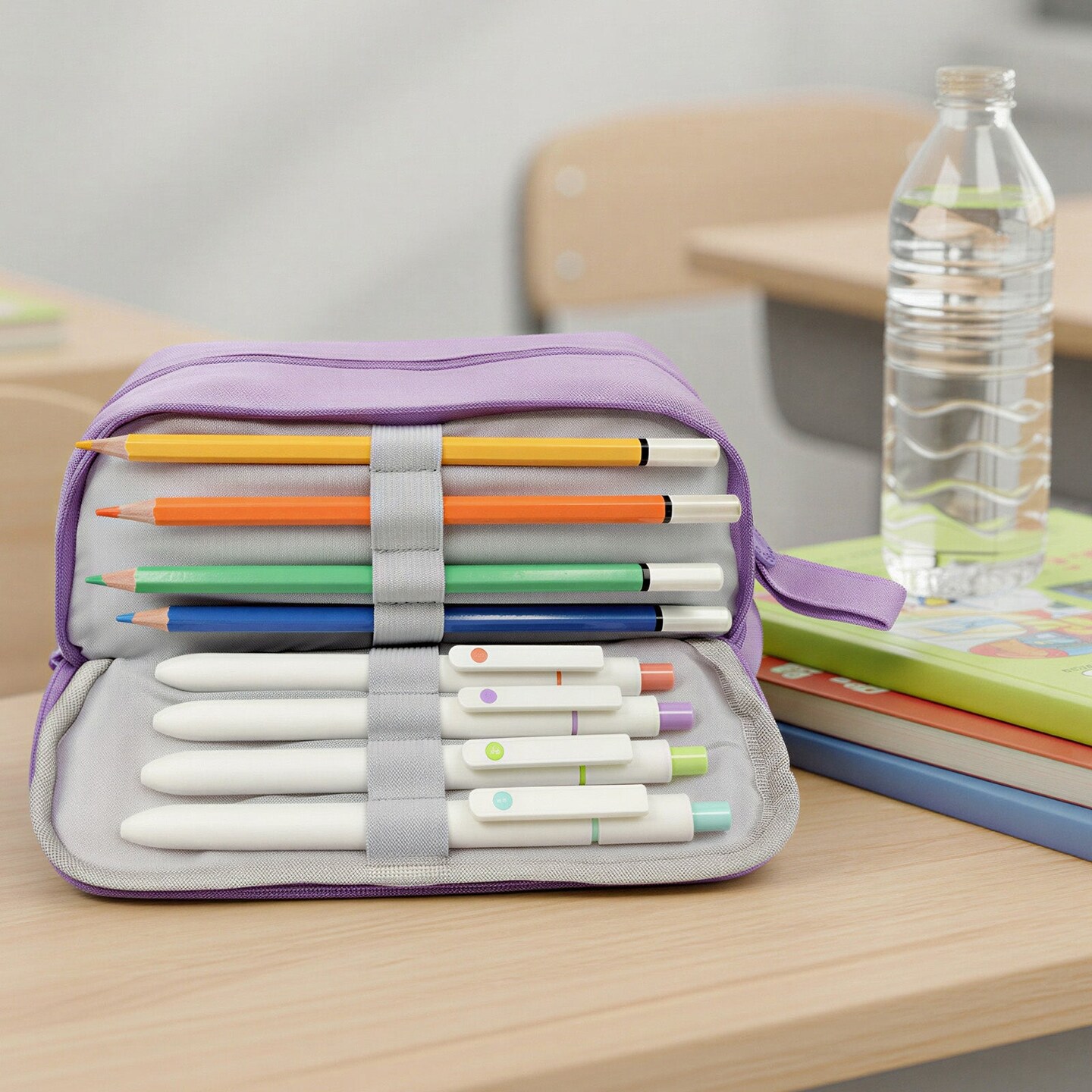 Wrapables 4 Compartment Large Capacity Pencil Case, Pencil Pouch for Stationery Tools, Lavender