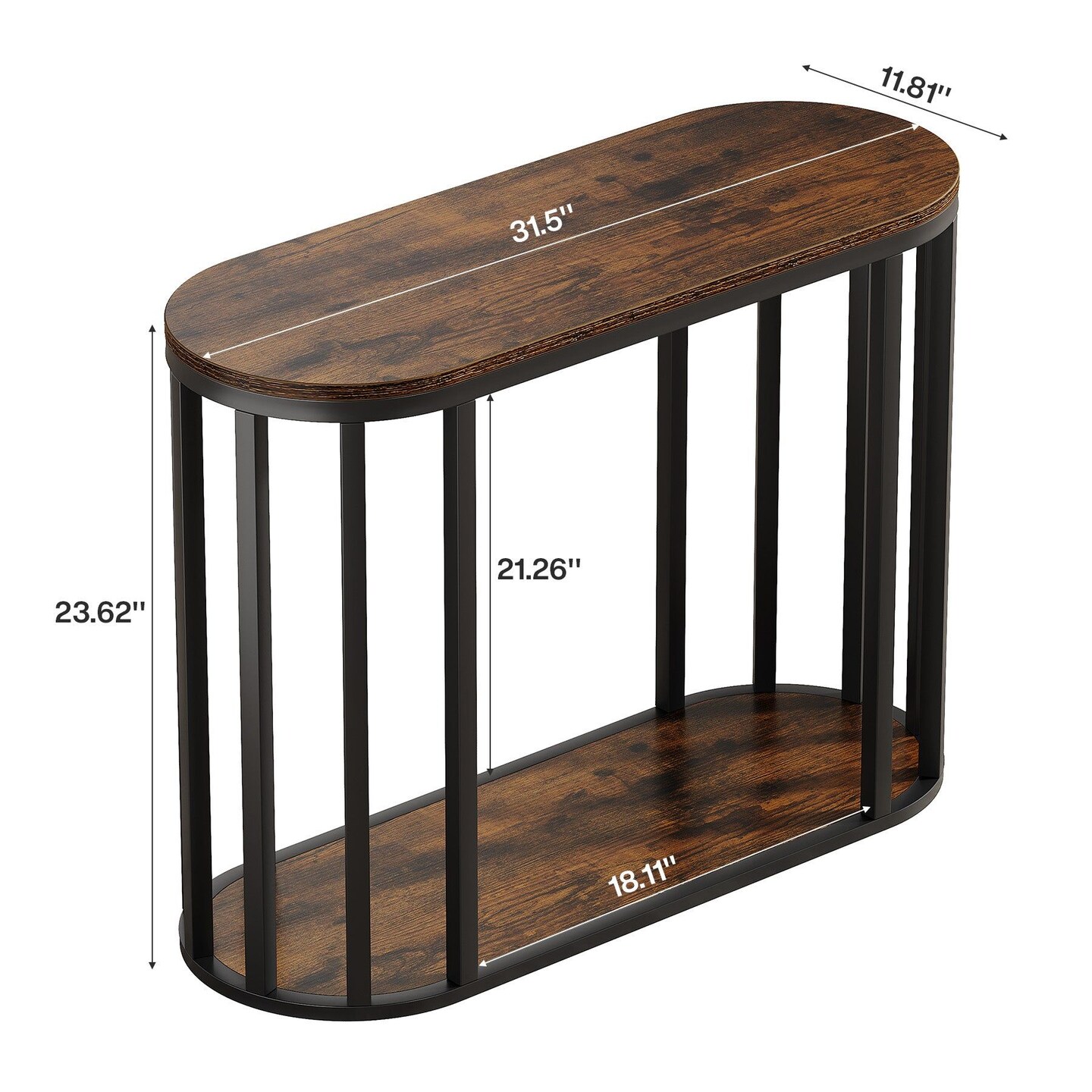 Brown-Black Engineered Wood and Metal Semi-Circular Side Table with Shelf