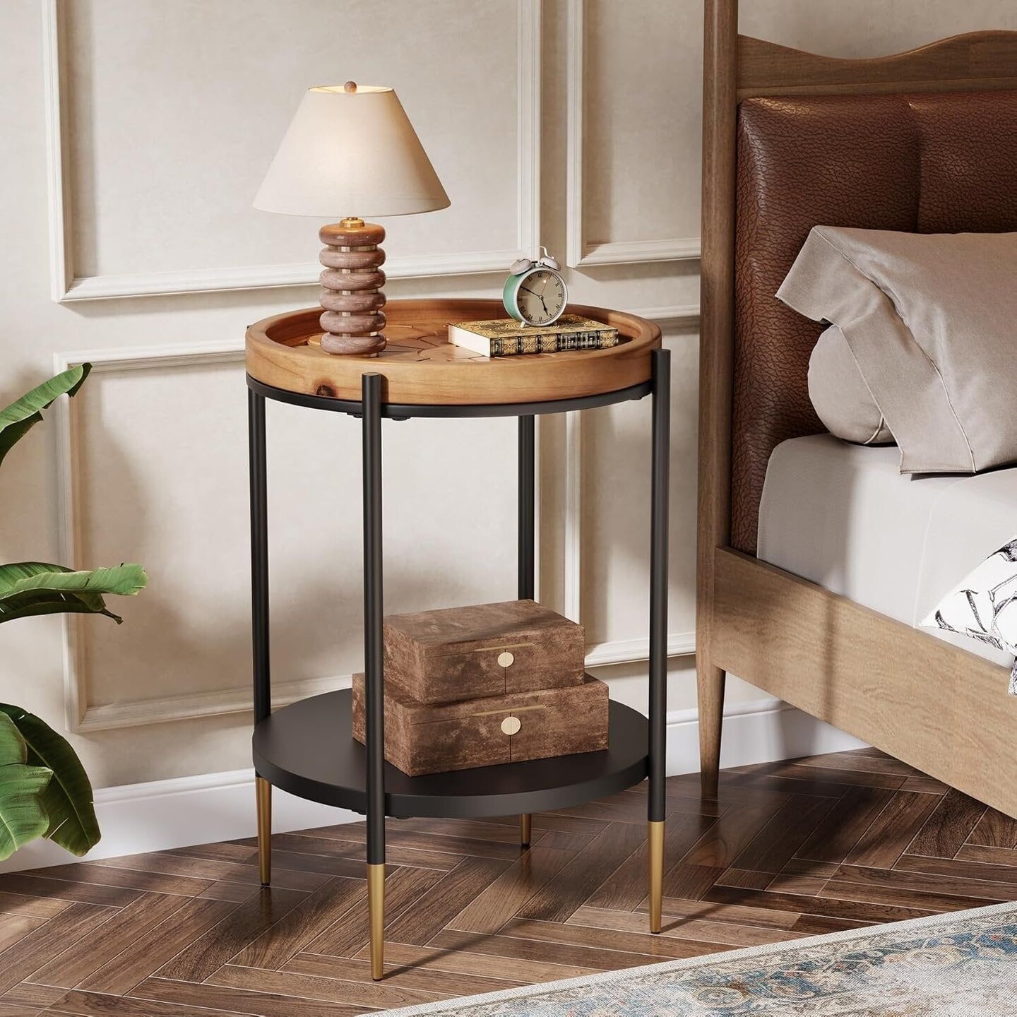 Rustic Brown-Black Wood and Metal Round Side Table with 2 Shelves