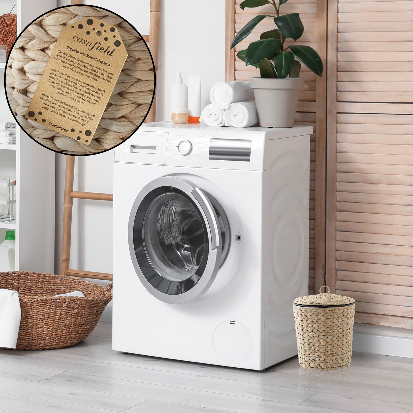 Casafield Water Hyacinth Trash Can with Lid and Liner, Woven Wicker Waste Basket for Bathroom, Bedroom, Laundry Room, Home Office