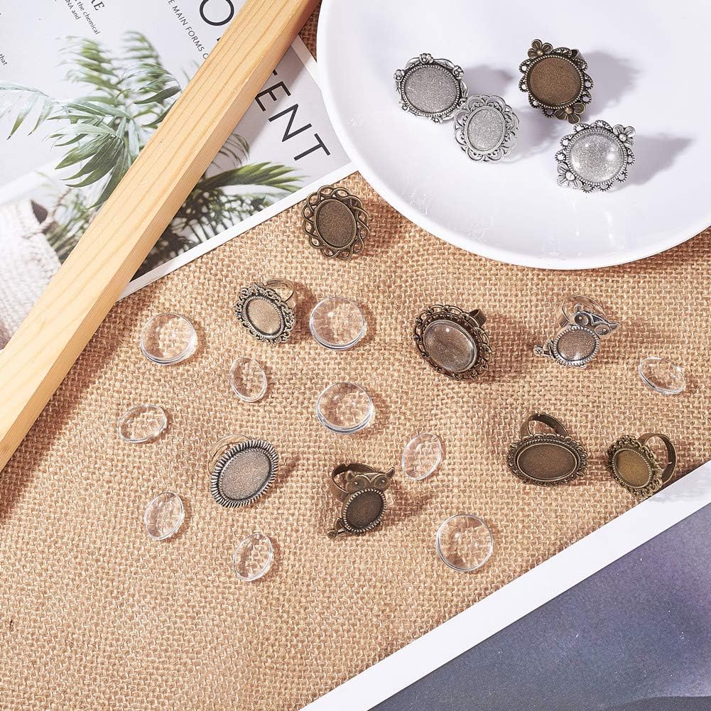 24pcs Mixed Adjustable Ring Blanks Cabochon Jewelry Making Kit Finger Ring Settings Clear Glass Cabochons Oval Round for Jewelry Making Adult Crafting, Antique Silver Bronze