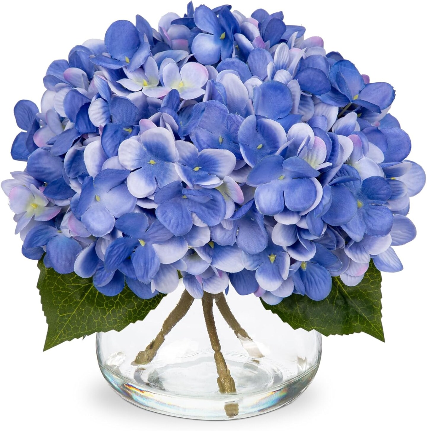 Spring Tabletop Decor – Slate Blue Artificial Hydrangea Flowers with Glass Vase & Faux Water, Silk Hydrangea Arrangement for Home, Bathroom, Office Table Centerpiece, Shelf Decoration