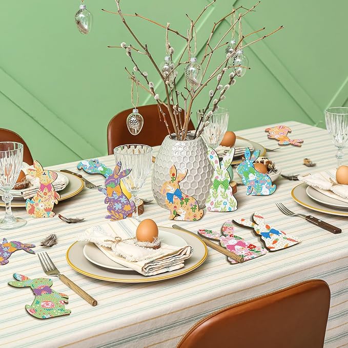 12 Pcs Easter Diamond Art Coasters with Holder Bunny Diamond Art Painting Coasters Kits Rabbit 5d DIY for Adults Supplies Easter Gift
