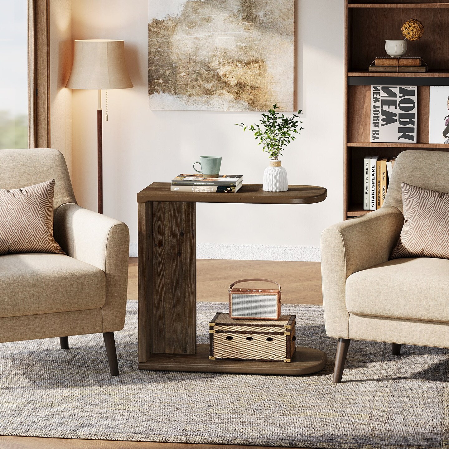 C Shaped End Table Solid Wood Brown Side Table Living Room Bedside Use