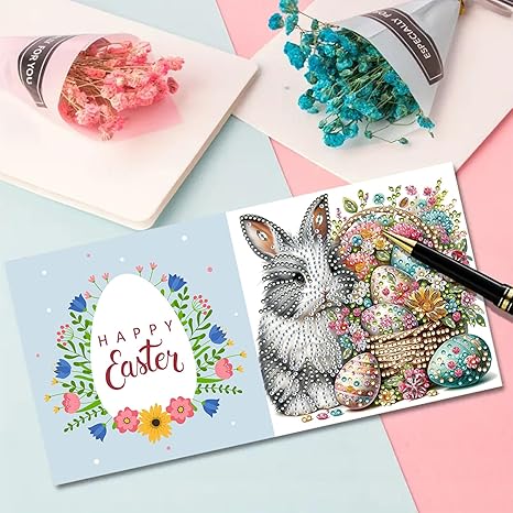 6Pcs DIY Folding Greeting Card Easter Diamond Art Painting Creative Design Foldable Thank You Cards Blessing Greeting Card Set for Birthday Festival Crafts Gift-Bunny Easter Eggs01