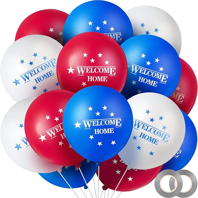 60 Pcs Welcome Home Balloons Welcome Home Decorations Colorful American Star Balloons Fourth of July Decorations Round Patriotic Decor with 2 Rolls Ribbons for Welcoming Party, Homecoming Event