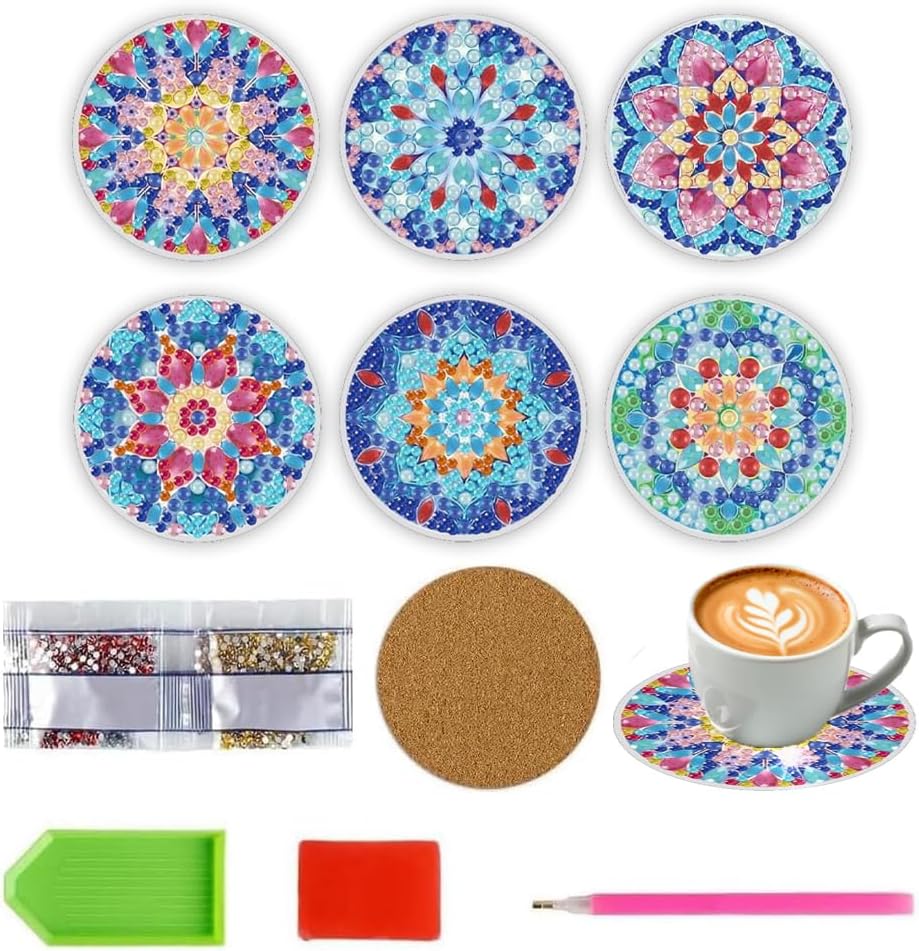 Diamond Art Coasters kit, 6 Pieces with Metal Holder, 4 Inch Round Multicolor Floral Design, Set of 6, Cup Mats for Home Decoration, Winter Gifts, Non-Slip
