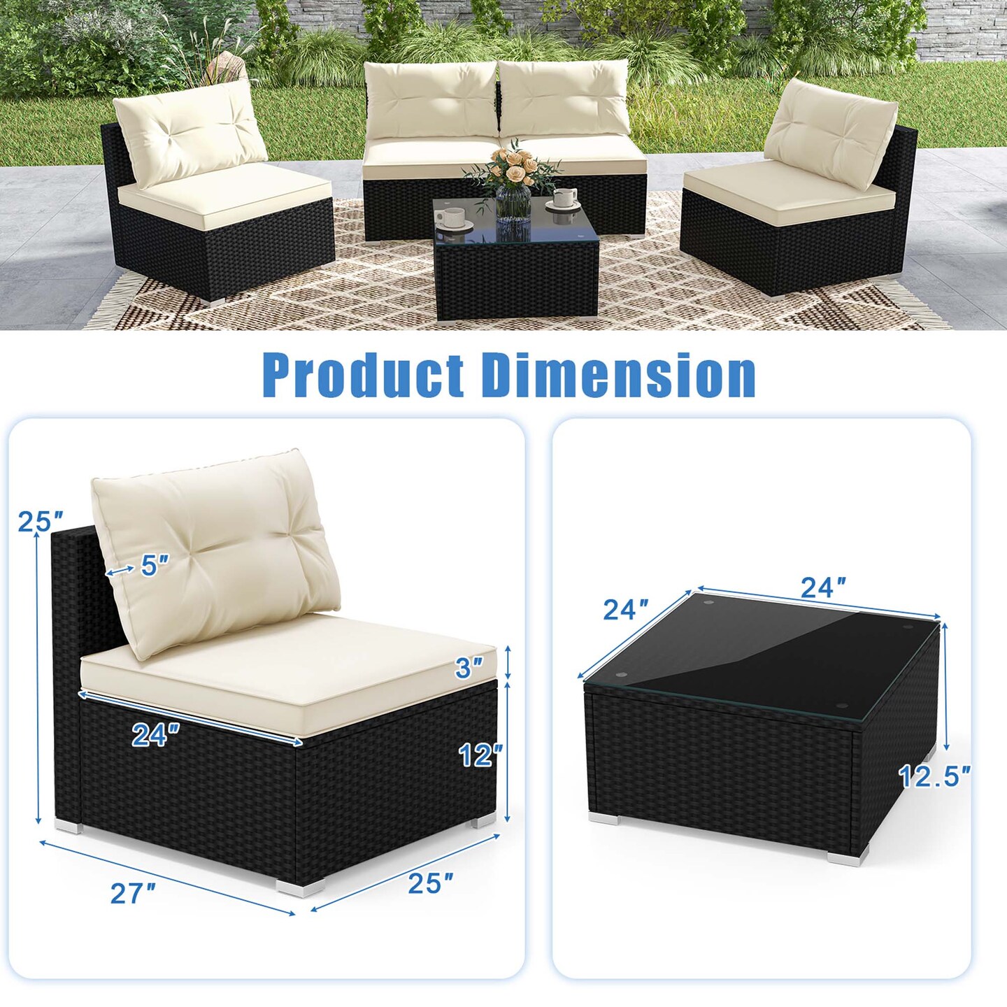 Costway 5 Pieces Outdoor Furniture Set with Seat & Back Cushions Tempered Glass Tabletop