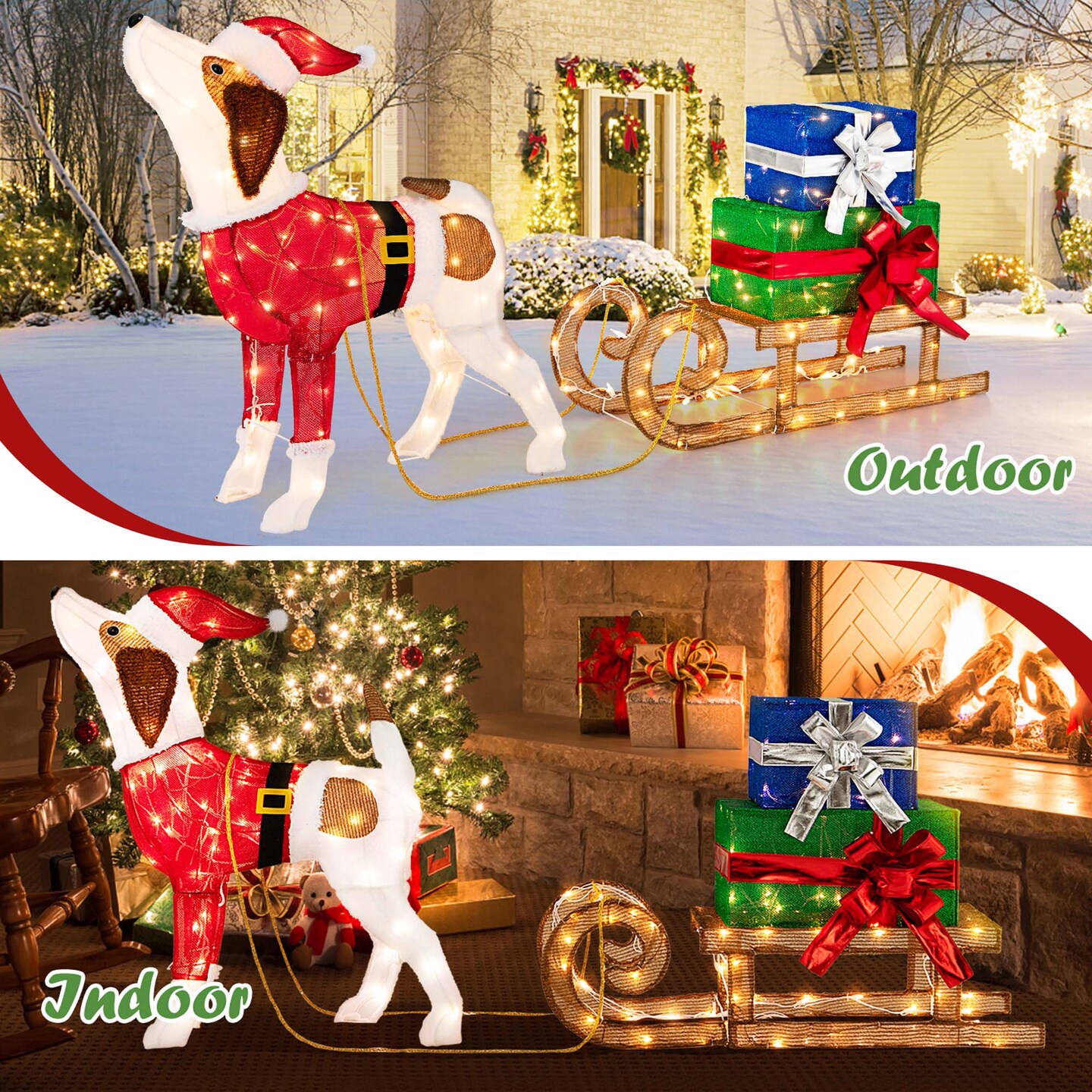 Costway Pre-Lit Christmas Dog Sleigh &#x26; Gift Boxes Combo Xmas Decoration with 170 Lights
