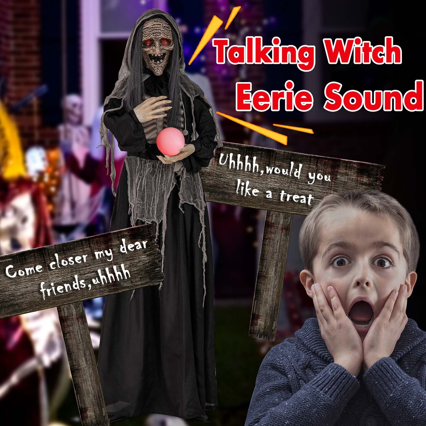 Costway 6ft Halloween Animatronics Standing Witch Talking Animated Wicked Witch with Light Up Eyes &#x26; Magical Ball Sound Activated
