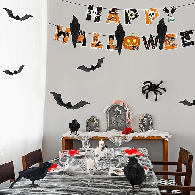 6 Pack Halloween Birds, Black Feathered Crows, Realistic Looking Halloween Birds Decoration Birds, 7.9&#x22;