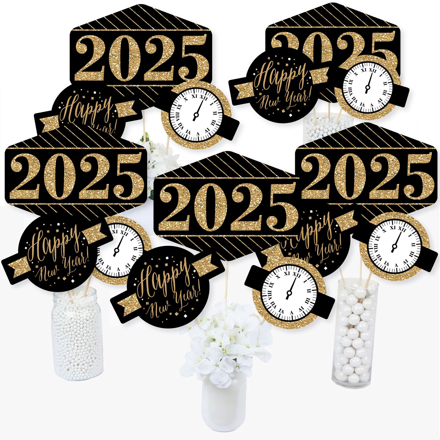 Big Dot of Happiness New Year&#x27;s Eve - Gold - 2025 New Years Eve Party Centerpiece Sticks - Table Toppers - Set of 15