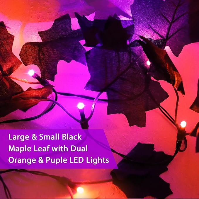 2 Pack Halloween Decorations Black Leaf Garland with Orange &#x26; Purple Lights, Total 13Ft 40 LED Halloween Hanging Artificial Garlands Battery Operated Lights Decor for Home Indoor Outdoor Fireplace