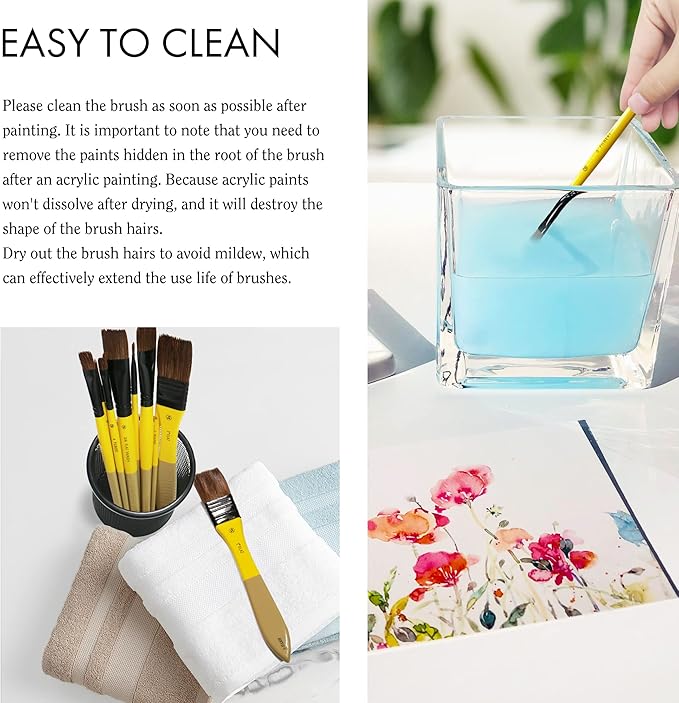 ARTIFY 10 Pieces Paint Brush Set, Intermediate Series, Includes a Carrying Case, Premium Horse Bristle Brushes for Acrylic, Watercolor, Oil and Gouache Painting (Yellow - Horse Hair)