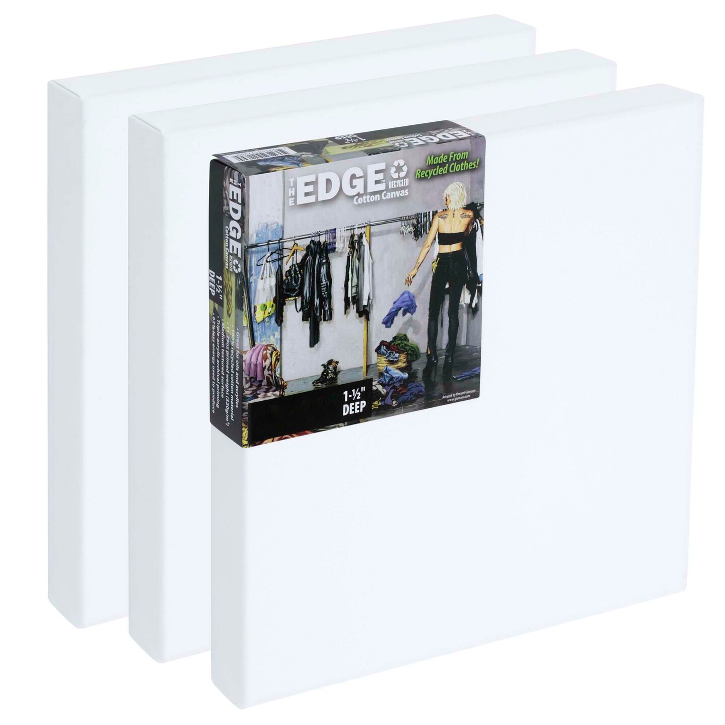 The Edge Eco-Friendly Recycled Cotton Stretched Canvas for Painting - Box of 3 - Medium-Textured, Triple Acrylic Primed All Media Painting Canvas, 320gsm, 1-1/2 in. Deep Pine Stretchers