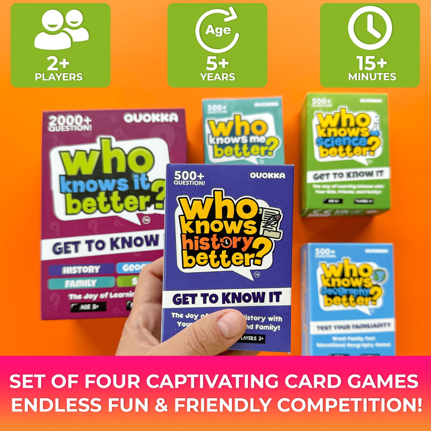 QUOKKA Set 4 in 1 Who Knows Better? - History &#x26; Geography &#x26; Science &#x26; ME Trivia Card Game - Fun &#x26; Educational Quiz Questions for Children &#x26; Families - Suitable for Boys &#x26; Girls Ages 5+
