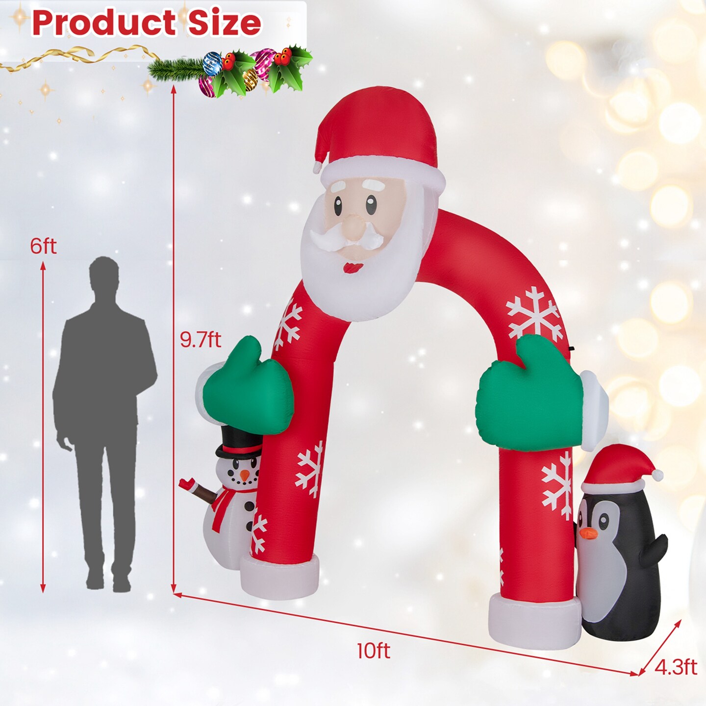 Costway 10FT Inflatable Christmas Santa Archway Decoration with Snowman Penguin LED Lights