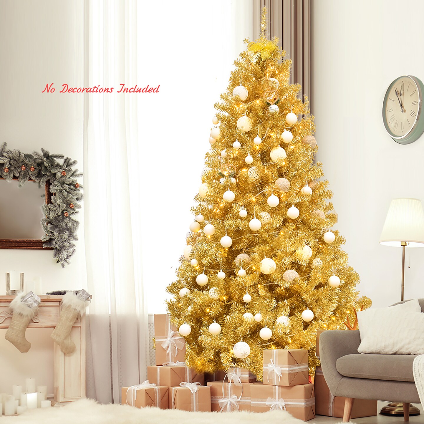 Costway 7.5Ft Hinged Unlit Artificial Tinsel Christmas Tree Holiday,Silver ,Gold