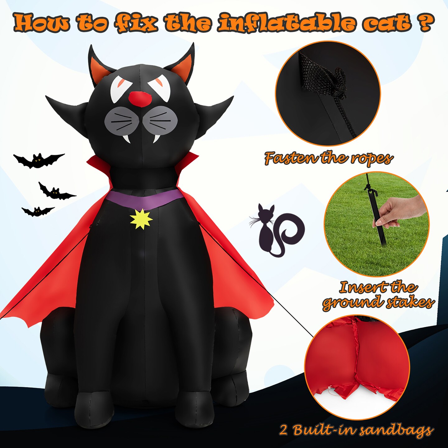 Costway 4.7 FT Halloween Inflatable Vampire Black Cat with Red Cloak Blow-up Decoration