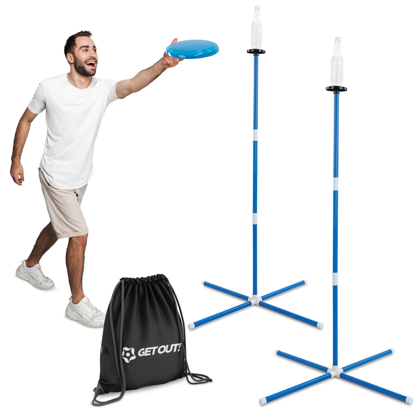 Get Out! Bottle Smash Disc Drop Game - Adjustable Polish Horseshoes Beer Games