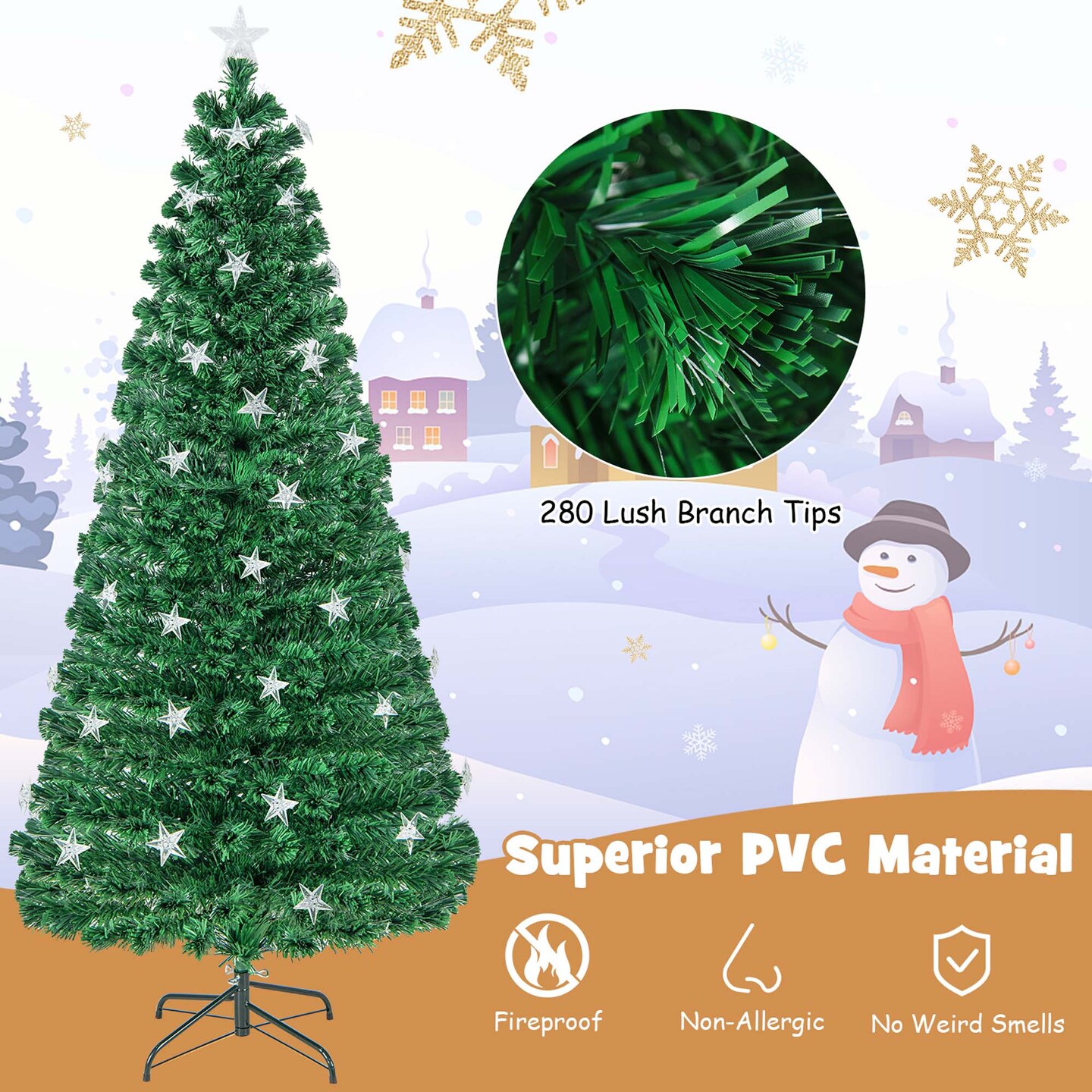 Costway 4/5/6/7 FT Pre-Lit Artificial Xmas Tree with 135/180/230/280 Branch Tips &15/21/30/40 Warm White Star Lights